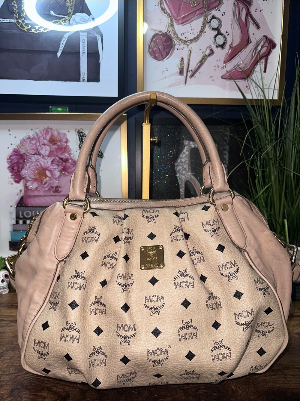 MCM Pink Logo Visetos Dome Satchel with Gold Plaque